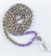 mala beads, mala necklace, labradorite, amethyst, pyrite, clear quartz